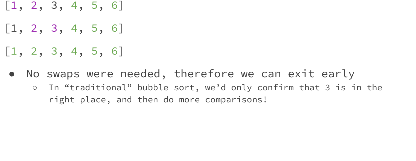A pass with no swaps establishes sorted order and stops modified bubble sort
