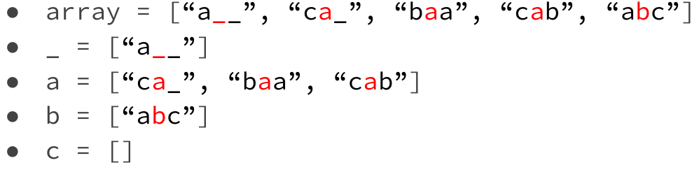 The middle-position pass retains ca, baa and cab in their shared a bucket