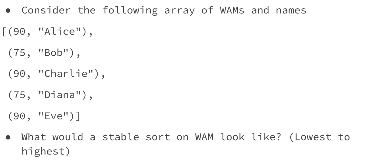Records before stable sorting by WAM