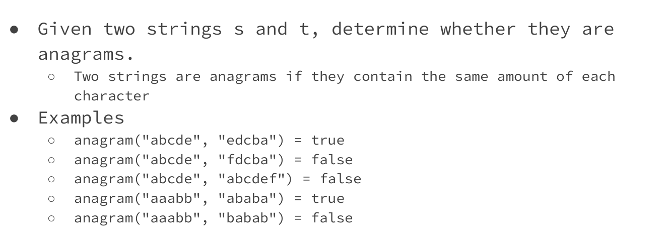 Lecture examples distinguish equal character frequencies from equal lengths