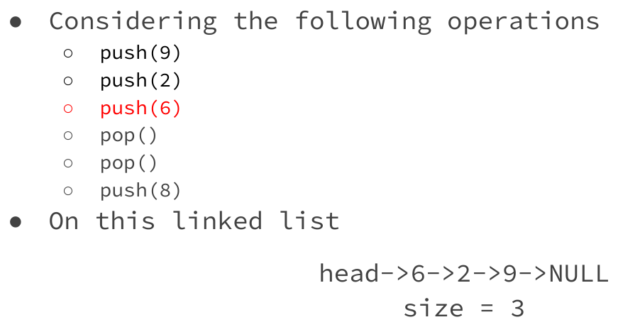 Linked stack head reaches top 6, then 2 and 9; size is three