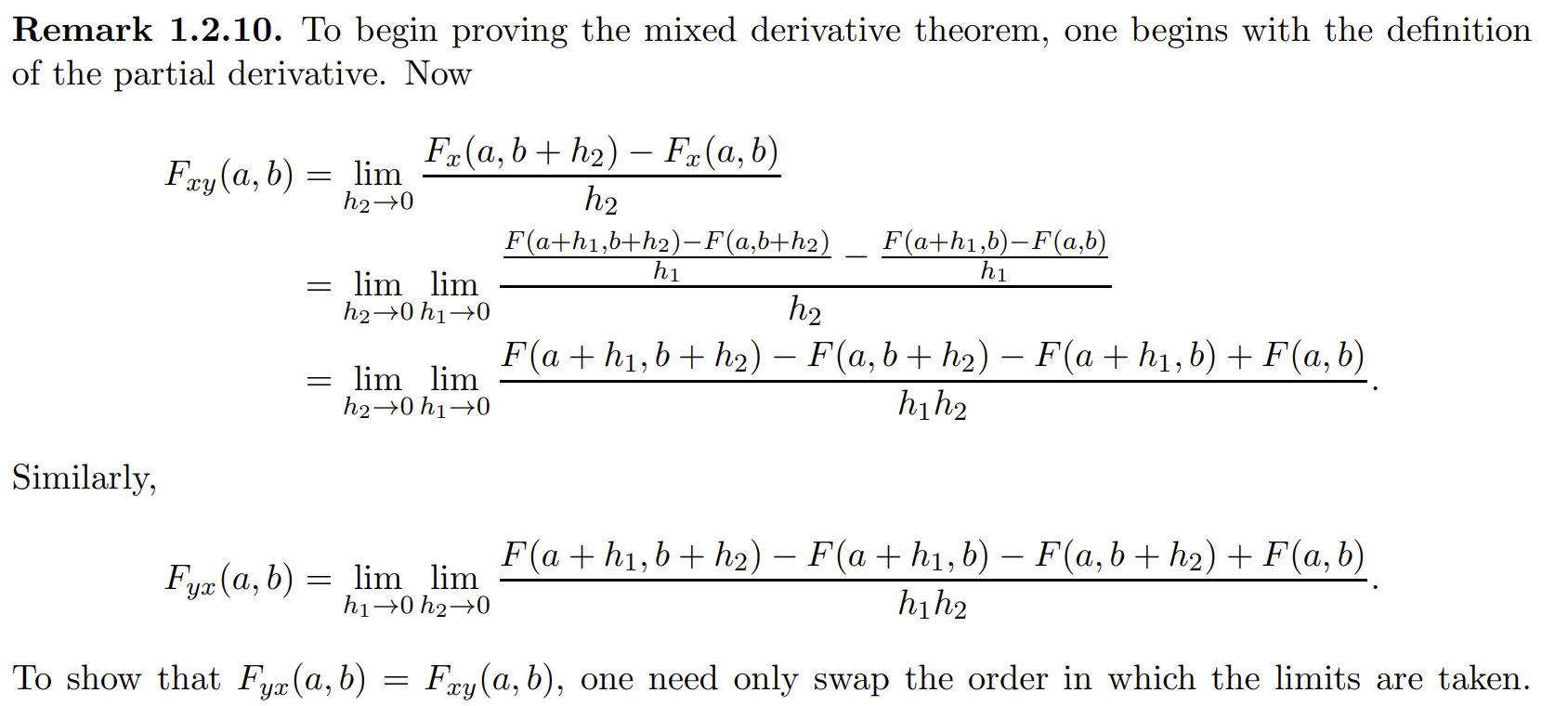 Double difference-quotient proof that the mixed partial derivatives Fxy and Fyx are equal