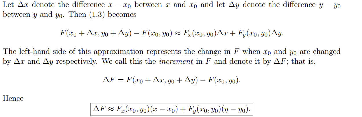 Derivation of the total differential approximation ΔF ≈ Fx Δx + Fy Δy