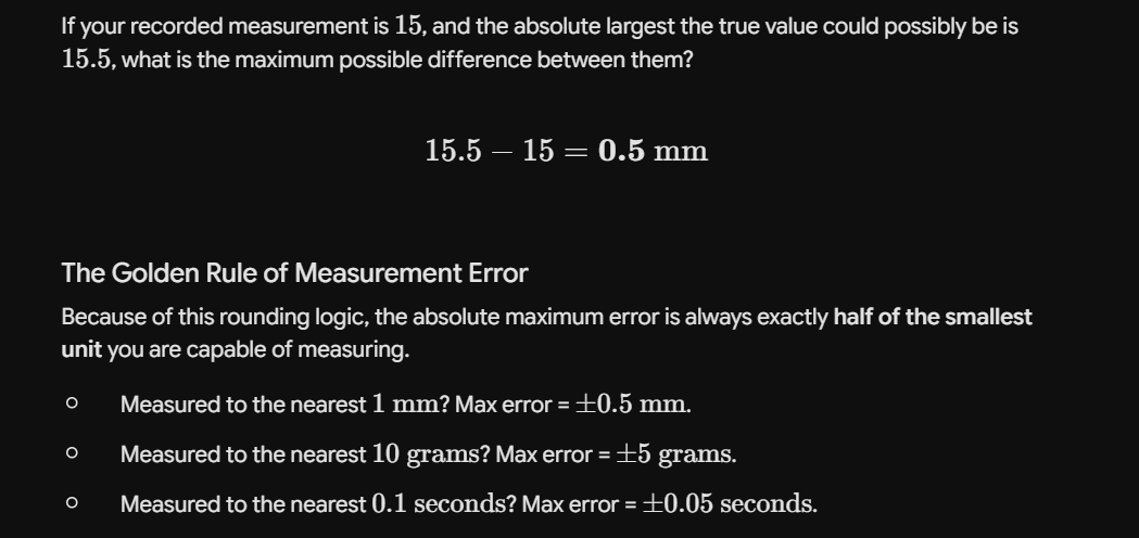 Measurement-error rule: maximum error is half the smallest measurable unit