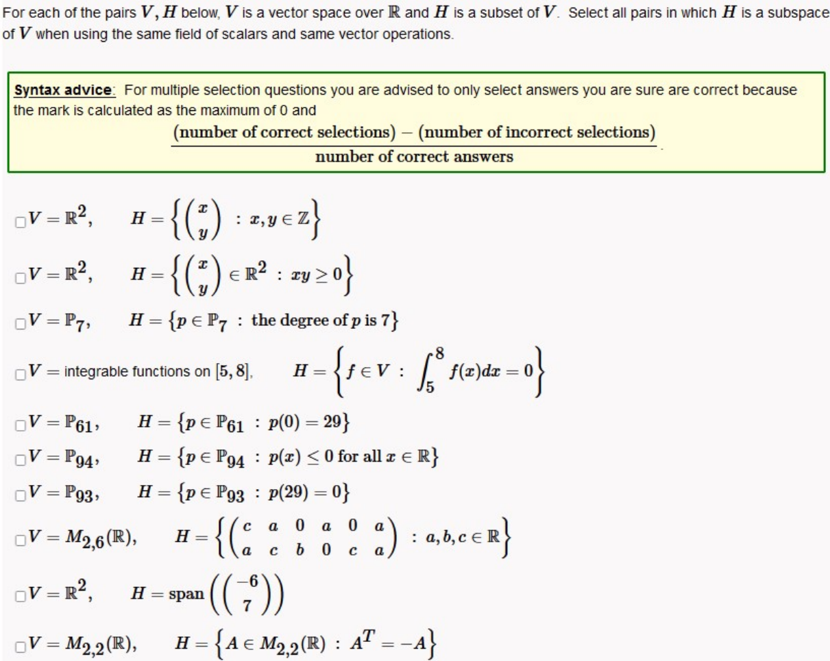 Multiple-choice exercise testing ten candidate subsets for the subspace theorem